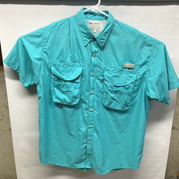 Columbia PFG SS Button Front Shirt Men's Large Teal 100% Nylon Polyester - Picture 1 of 8